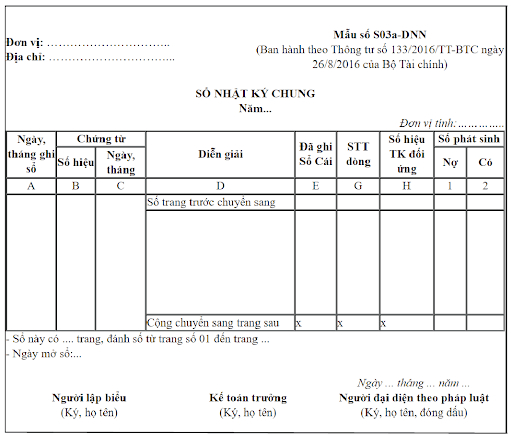 Mẫu sổ Nhật ký chung theo TT 133/2016/TT-BTC dùng cho kế toán tổng hợp
