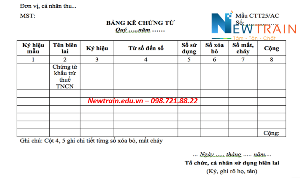 Mẫu báo cáo tình hình sử dụng chứng từ khấu trừ thuế TNCN